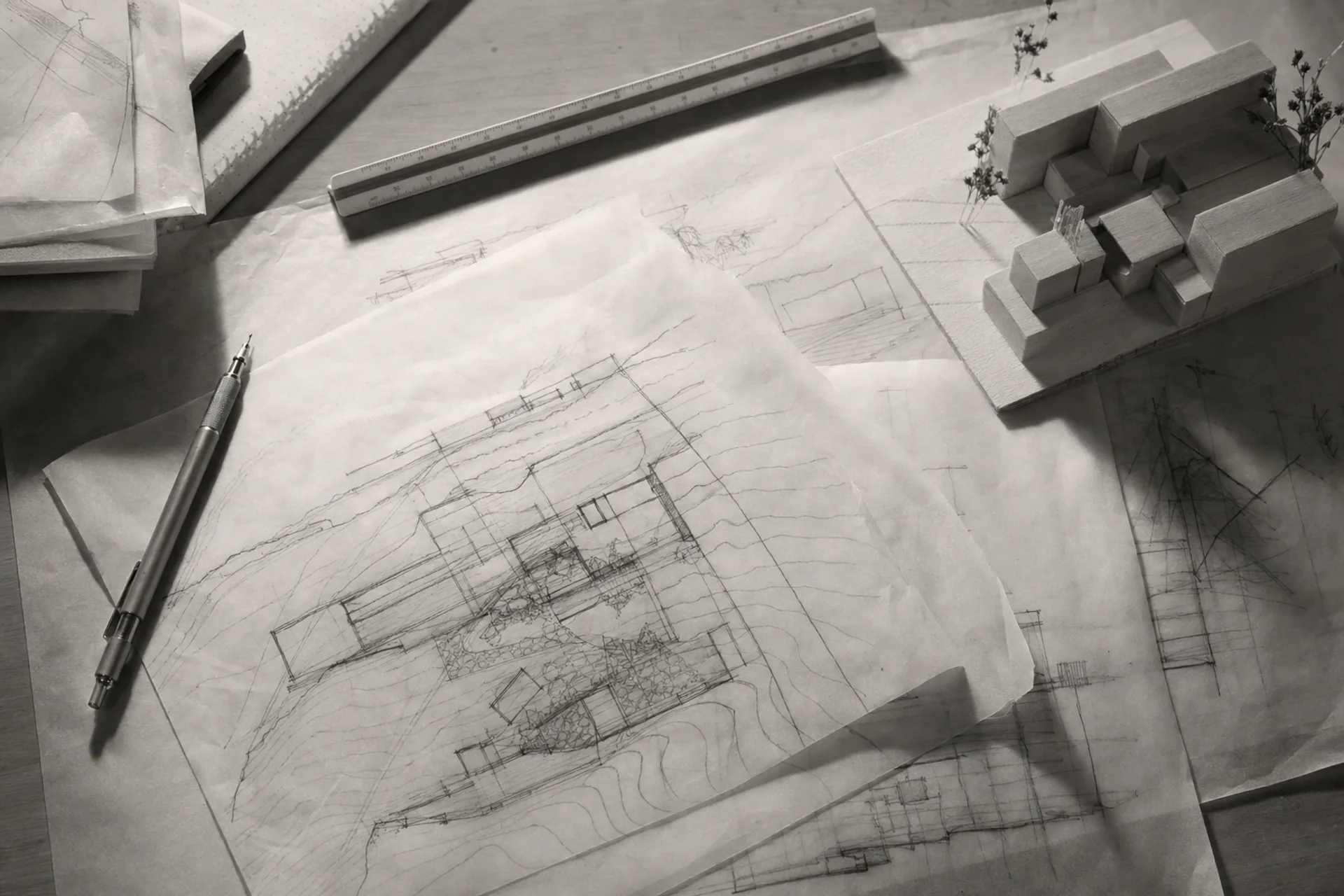 Table de dessin d'architecte vue de dessus : plans sur calque, réglet, porte-mine et maquette en bois.